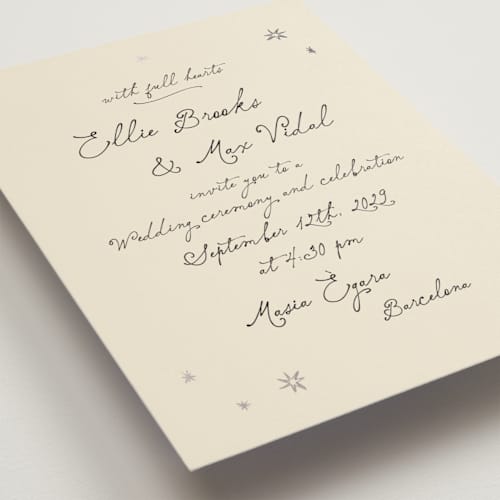 This is a noir foil stamped wedding invitations with foil pressed by Ani Somi called written in the stars printing on signature in standard