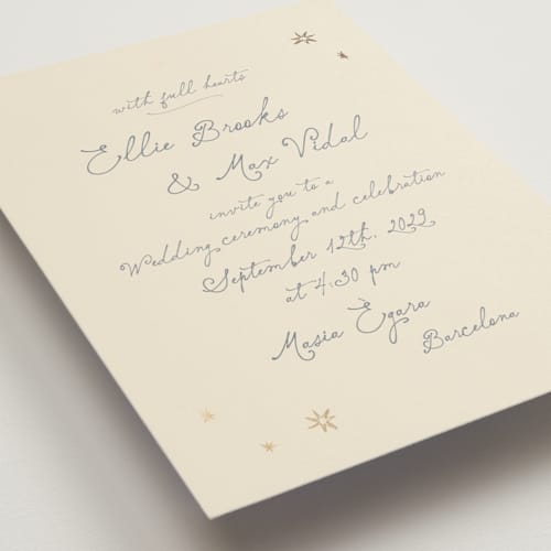 This is a chambray foil stamped wedding invitations with foil pressed by Ani Somi called written in the stars printing on signature in standard