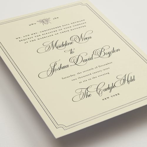 This is a cream foil stamped wedding invitations with foil pressed by Jennifer Lew called honeybee printing on signature in standard