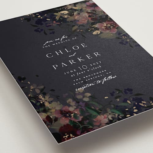 This is a midnight foil stamped wedding invitations with foil pressed by Grace Kreinbrink called vintage rose garden printing on signature in standard