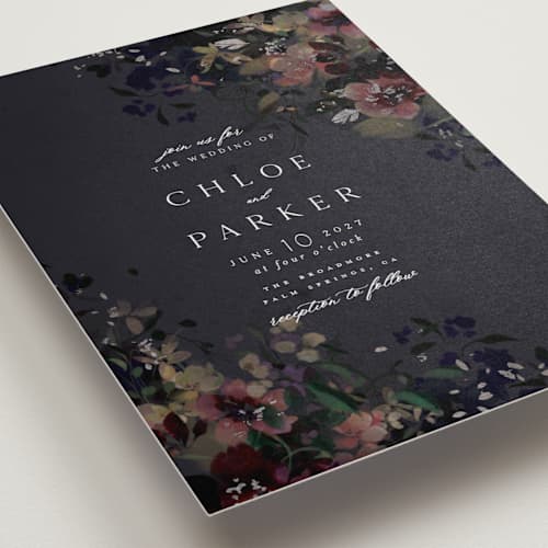 This is a midnight foil stamped wedding invitations with foil pressed by Grace Kreinbrink called vintage rose garden printing on signature in standard