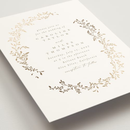 This is a powder foil stamped wedding invitations with foil pressed by Creo Study called leafy garland printing on signature in standard
