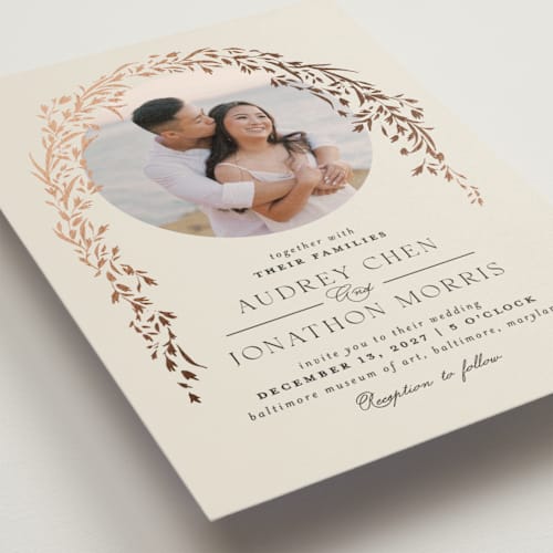 This is a almond foil stamped wedding invitations with foil pressed by Erin L. Wilson called trailing vines printing on signature in standard