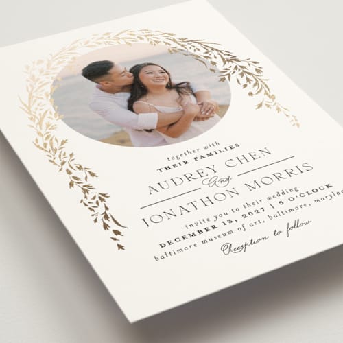 This is a tuxedo foil stamped wedding invitations with foil pressed by Erin L. Wilson called trailing vines printing on signature in standard