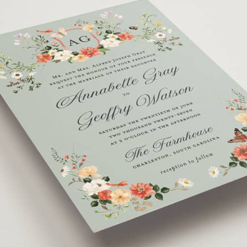 This is a mist foil stamped wedding invitations with foil pressed by Sarah Knight called fleur printing on signature in standard