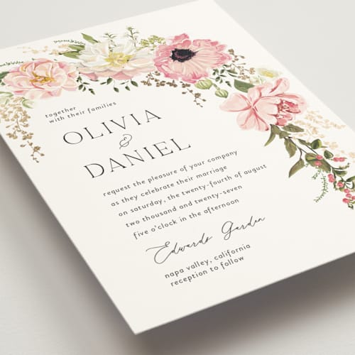 This is a peony foil stamped wedding invitations with foil pressed by Susan Moyal called timeless blooms printing on signature in standard