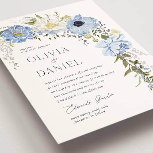 This is a azure foil stamped wedding invitations with foil pressed by Susan Moyal called timeless blooms printing on signature in standard