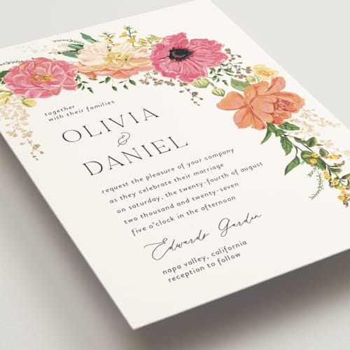 This is a tropical foil stamped wedding invitations with foil pressed by Susan Moyal called timeless blooms printing on signature in standard