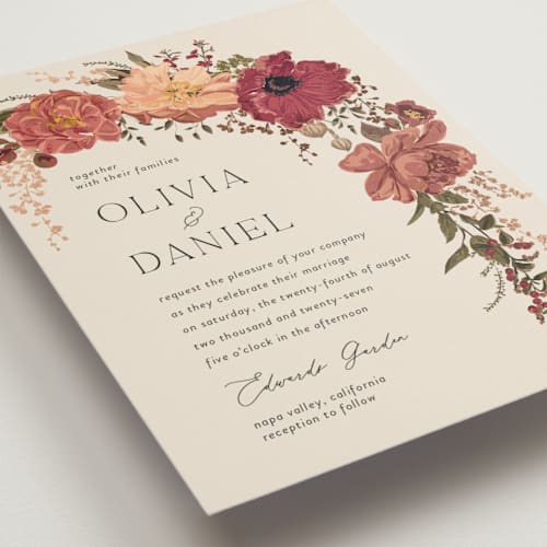 This is a mahogany foil stamped wedding invitations with foil pressed by Susan Moyal called timeless blooms printing on signature in standard