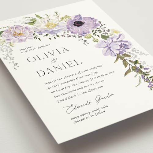 This is a wisteria foil stamped wedding invitations with foil pressed by Susan Moyal called timeless blooms printing on signature in standard