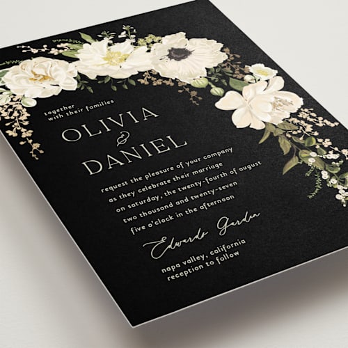 This is a tuxedo foil stamped wedding invitations with foil pressed by Susan Moyal called timeless blooms printing on signature in standard