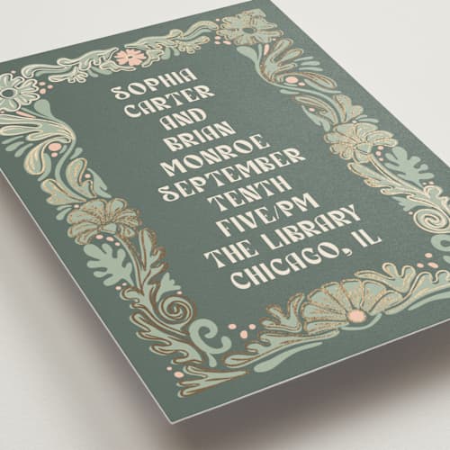 This is a sage foil stamped wedding invitations with foil pressed by GeekInk Design called nouveau frame printing on signature in standard