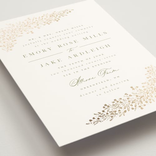 This is a leaf foil stamped wedding invitations with foil pressed by Kristie Kern called villa printing on signature in standard
