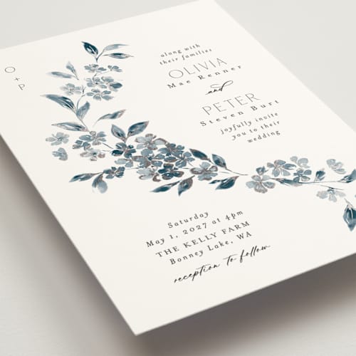 This is a prussian blue foil stamped wedding invitations with foil pressed by Itsy Belle Studio called sweeping vine printing on signature in standard