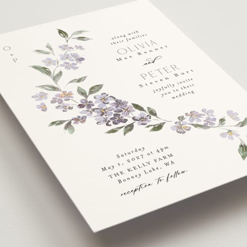 This is a periwinkle foil stamped wedding invitations with foil pressed by Itsy Belle Studio called sweeping vine printing on signature in standard