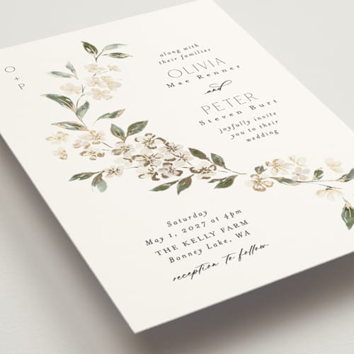 This is a porcelain foil stamped wedding invitations with foil pressed by Itsy Belle Studio called sweeping vine printing on signature in standard