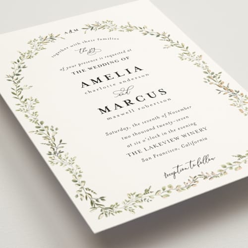 This is a sage foil stamped wedding invitations with foil pressed by Susan Moyal called monogramed arch printing on signature in standard