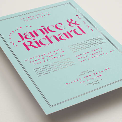 This is a dragon fruit foil stamped wedding invitations with foil pressed by Claudia Orengo called news! printing on signature in standard