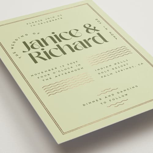 This is a kiwi foil stamped wedding invitations with foil pressed by Claudia Orengo called news! printing on signature in standard