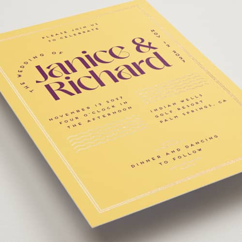 This is a fig foil stamped wedding invitations with foil pressed by Claudia Orengo called news! printing on signature in standard