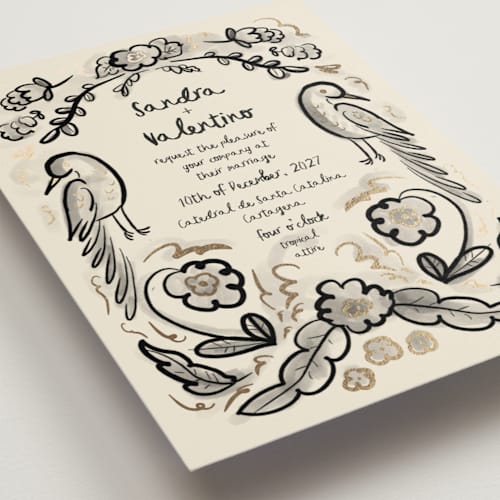 This is a ink wash foil stamped wedding invitations with foil pressed by Ani Somi called santa catalina printing on signature in standard