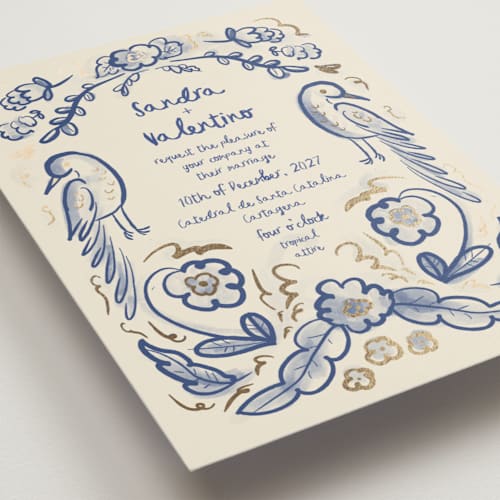 This is a marseille bleu foil stamped wedding invitations with foil pressed by Ani Somi called santa catalina printing on signature in standard