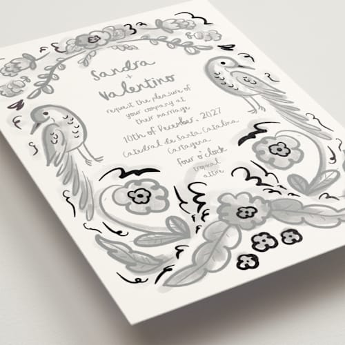 This is a graphite foil stamped wedding invitations with foil pressed by Ani Somi called santa catalina printing on signature in standard