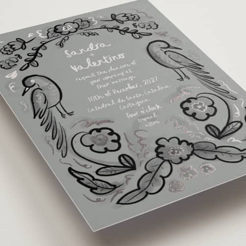 This is a steel foil stamped wedding invitations with foil pressed by Ani Somi called santa catalina printing on signature in standard