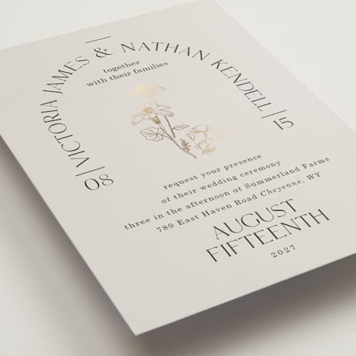 This is a linen foil stamped wedding invitations with foil pressed by Baumbirdy called floral type arch printing on signature in standard