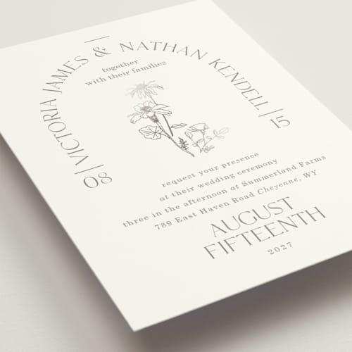 This is a charcoal foil stamped wedding invitations with foil pressed by Baumbirdy called floral type arch printing on signature in standard