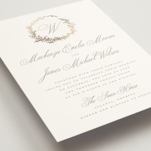 This is a chantilly foil stamped wedding invitations with foil pressed by Wildfield Paper Co called romantic wreath printing on signature in standard