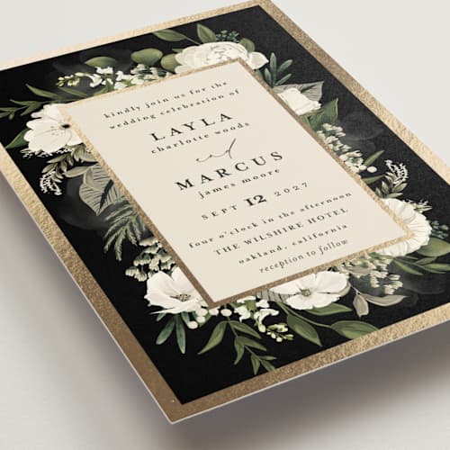 This is a tuxedo foil stamped wedding invitations with foil pressed by Susan Moyal called classic love printing on signature in standard