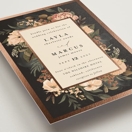 This is a burnt sienna foil stamped wedding invitations with foil pressed by Susan Moyal called classic love printing on signature in standard