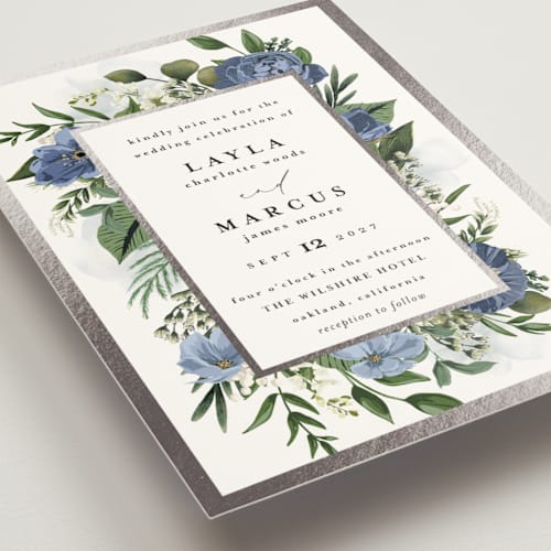 This is a sky foil stamped wedding invitations with foil pressed by Susan Moyal called classic love printing on signature in standard