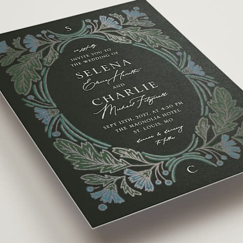 This is a bluebell foil stamped wedding invitations with foil pressed by Jen Owens called embellished printing on signature in standard
