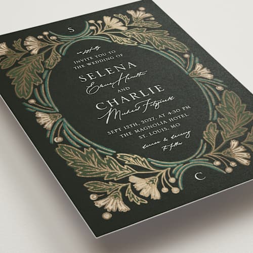 This is a lily foil stamped wedding invitations with foil pressed by Jen Owens called embellished printing on signature in standard