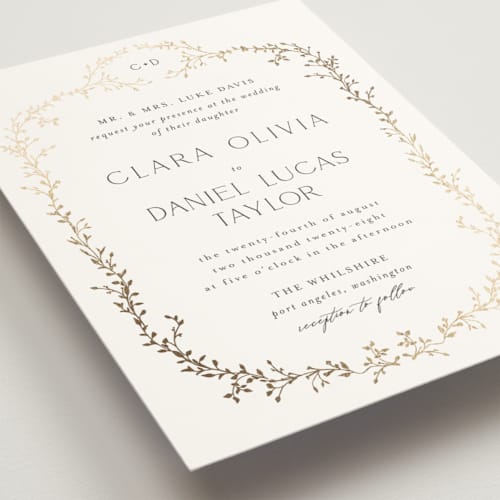 This is a alabaster foil stamped wedding invitations with foil pressed by Susan Moyal called delicate vine printing on signature in standard