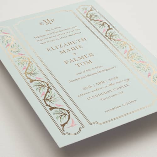 This is a hummingbird foil stamped wedding invitations with foil pressed by Claudia Orengo called castle printing on signature in standard