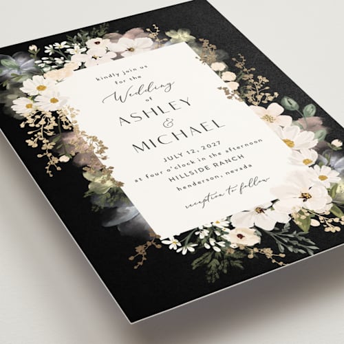 This is a tuxedo foil stamped wedding invitations with foil pressed by Susan Moyal called layered florals printing on signature in standard