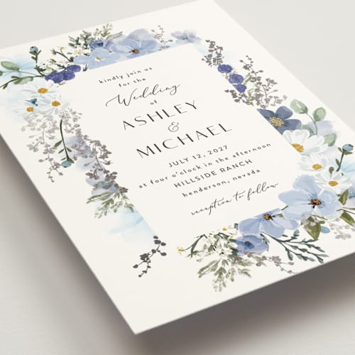 This is a serenity foil stamped wedding invitations with foil pressed by Susan Moyal called layered florals printing on signature in standard