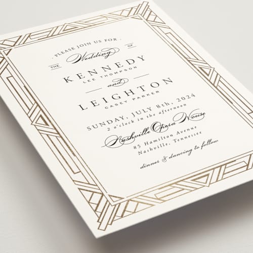 This is a stone foil stamped wedding invitations with foil pressed by Hooray Creative called opulent border printing on signature in standard