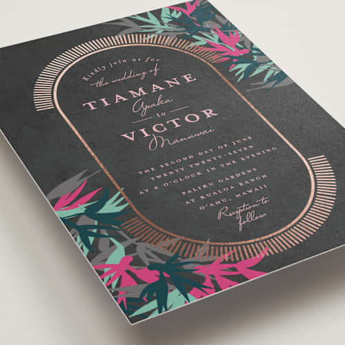 This is a charcoal foil stamped wedding invitations with foil pressed by Julie Hebert called birds of paradise printing on signature in standard