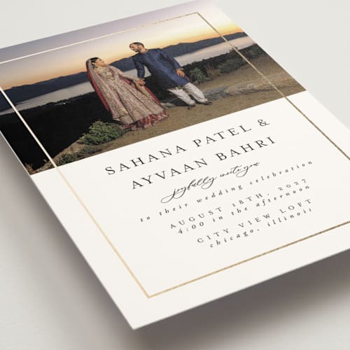 This is a pearl foil stamped wedding invitations with foil pressed by Nicole Walsh called gilded frame printing on signature in standard