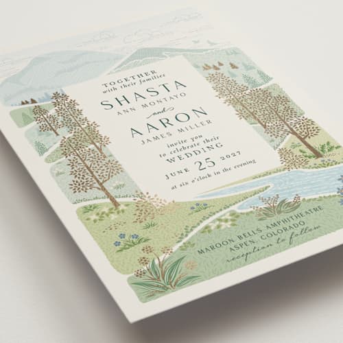 This is a evergreen foil stamped wedding invitations with foil pressed by Paper Sun Studio called mountaintop printing on signature in standard