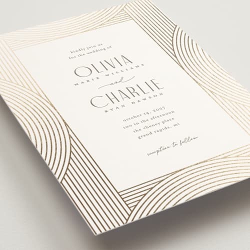 This is a alabaster foil stamped wedding invitations with foil pressed by Pixel and Hank called moderne printing on signature in standard