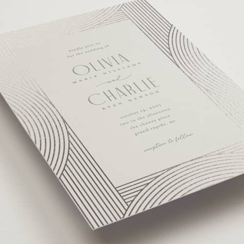 This is a pebble foil stamped wedding invitations with foil pressed by Pixel and Hank called moderne printing on signature in standard