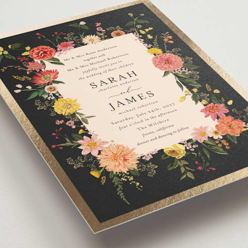 This is a mimosa foil stamped wedding invitations with foil pressed by Susan Moyal called enchanting printing on signature in standard
