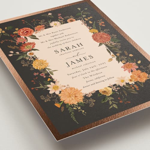 This is a copper foil stamped wedding invitations with foil pressed by Susan Moyal called enchanting printing on signature in standard