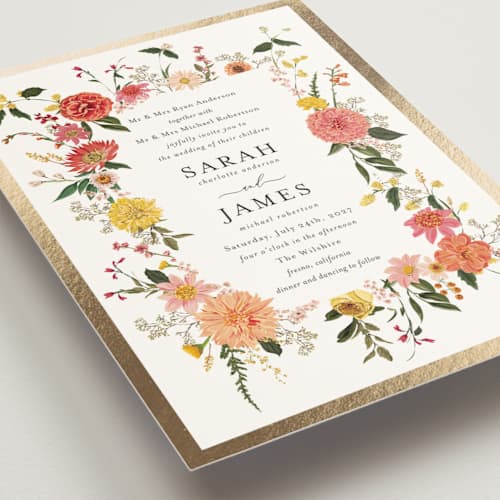 This is a burgundy foil stamped wedding invitations with foil pressed by Susan Moyal called enchanting printing on signature in standard