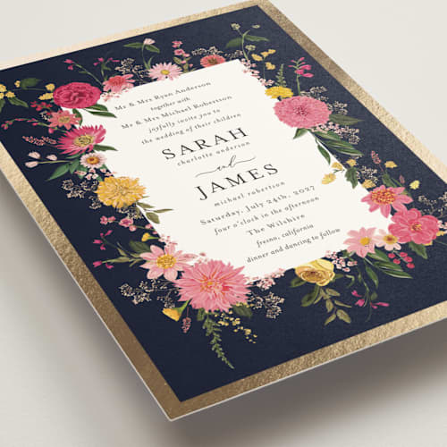 This is a magenta foil stamped wedding invitations with foil pressed by Susan Moyal called enchanting printing on signature in standard